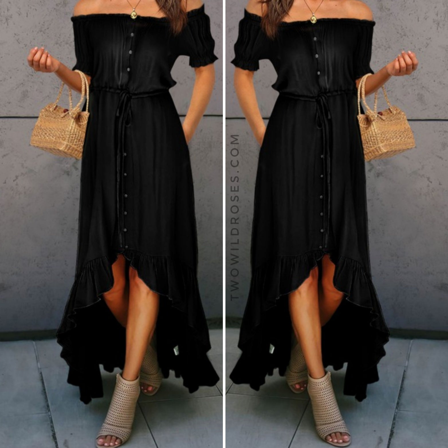 Cascading Ruffle Maxi Dress, Black