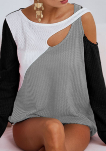 Cupertino | Cross Cold Shoulder Color Block Thermal Knit Long Sleeve