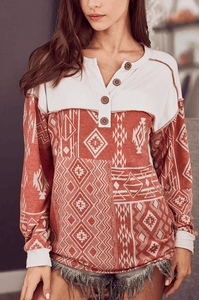 Azusa | Aztec French Terry Henley Pullover - Two Wild Roses Boutique