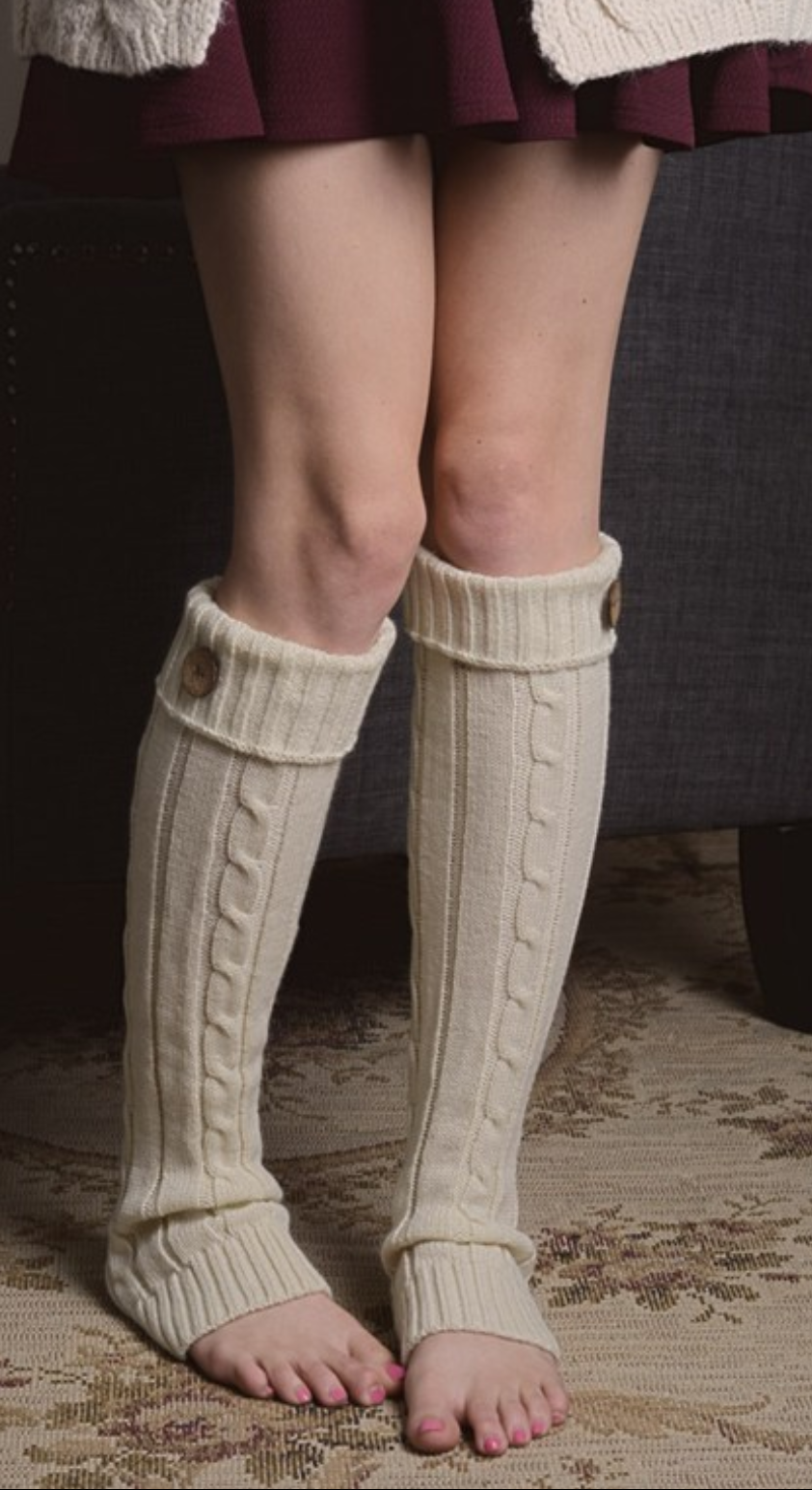 Cable Knit Button Boot Sock, Ivory