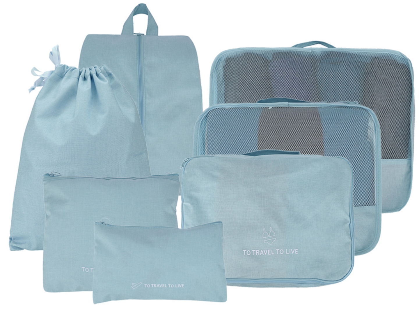 Sky Blue Travel Storage Bag Set, 7 pieces